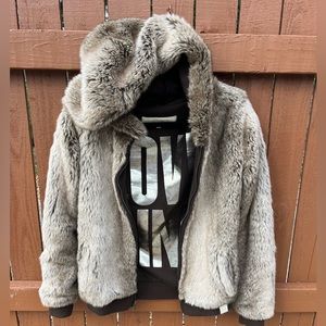 Victoria Secret Pink Limited Edition Hoodie Jacket Brown Fur Coat Reversible XS